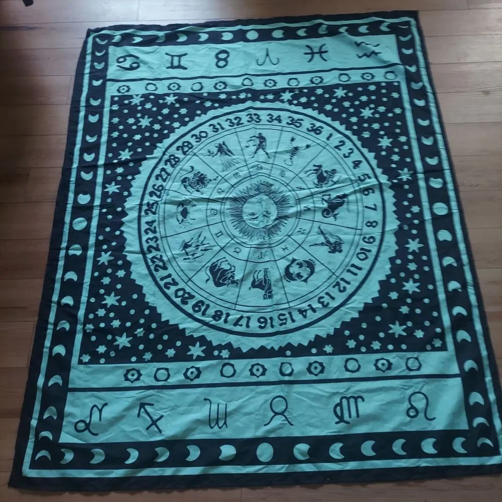 Zodiac Celestial Tapestry Sun Astrology Wall Hanging Teal Black 48x60 Boho Decor